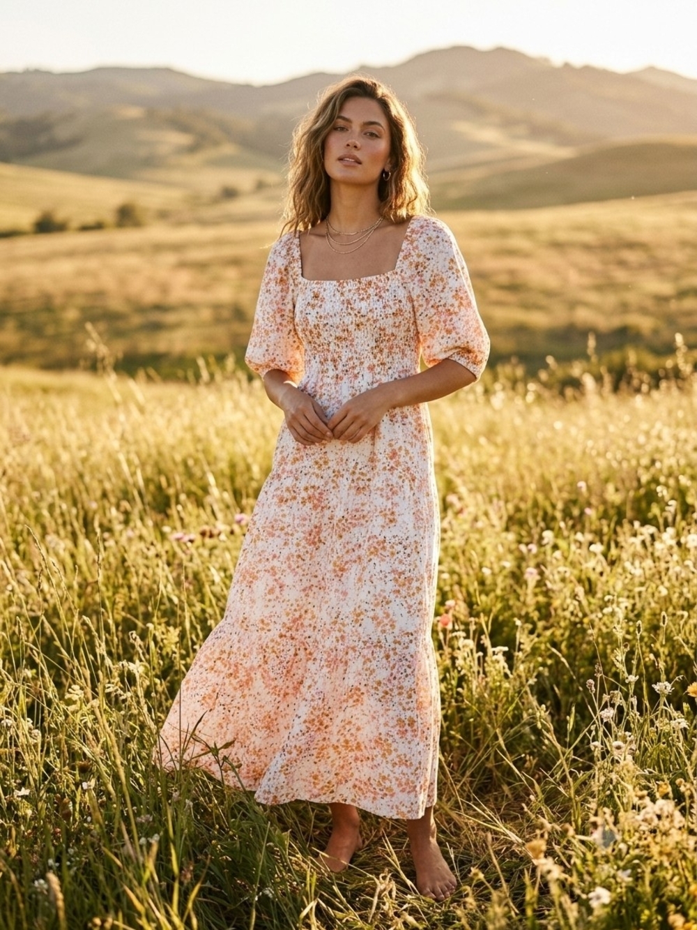 eSMaee Golden Hour Maxi Dress Size S Floral Puff Sleeve Smocked Like New